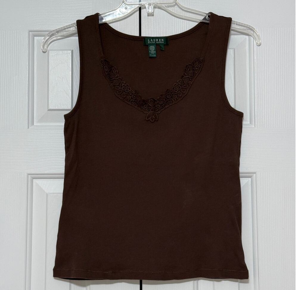 Lauren Ralph Lauren Ribbed Knit & Lace Sleeveless Tank/Shell, Brown, Size L